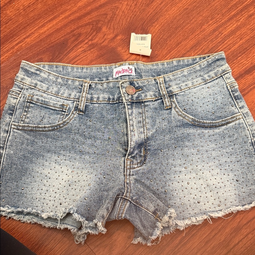 Light Wash Studded Denim Shorts - Light Blue